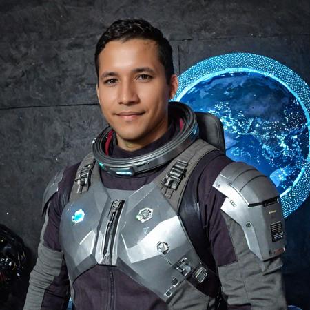 (RubenDario),  confident expression,  (looks at the camera), cyberpunk RAW Photo of RubenDario solo,  half shot,  looking at viewer,  detailed background,  detailed face,  geometrical steel,  precursortech theme:1.1),  space explorer,  wearing sleek Gray space suit,  insignia,  techwear,  confidence,  anti-gravity,  dynamic pose,  venturing beyond the stars,  holo-projection,  surface of foreign planet in background,  ethereal lighting,  epic  atmosphere, ,  cyberpunk,  (Masterpiece:1.3) (best quality:1.2) (high quality:1.1), RubenDario,  (smiling),  smile,<lora:EMS-26008-EMS:0.600000>,<lora:EMS-24910-EMS:0.600000>,<lora:EMS-264628-EMS:1.000000>