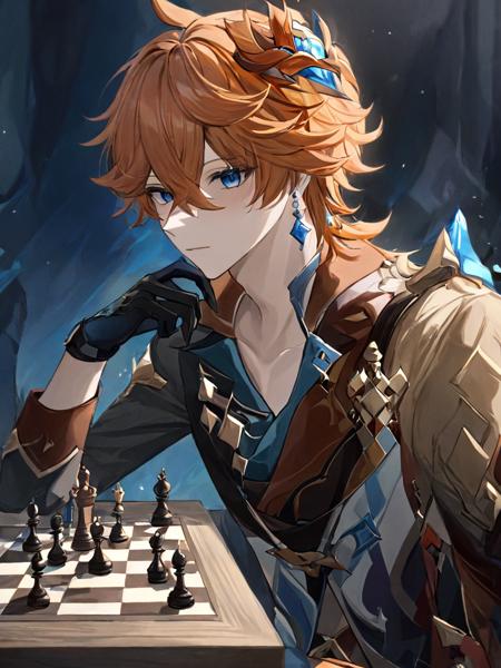 <lora:dadaliya_xl:1>,dadaliya,tartaglia (genshin impact),1boy,male focus,gloves,mask on head,blue eyes,black gloves,bangs,sitting,solo,mask,hair between eyes,earrings,chess piece,jewelry,orange hair,jacket,