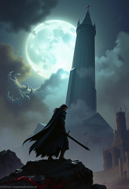 lone hero, gothic tower, full moon, dark fantasy, dramatic lighting, misty atmosphere, stylized character design, long coat, curved sword, rocky terrain, epic scale, cinematic perspective, eerie ambiance, fantasy architecture, brooding mood, digital art, character design, portraiture, fantasy themes, realism, emotional expressions, dramatic lighting, vibrant colors, intricate details, smooth brushwork, ethereal backgrounds, storytelling, fantasy characters, expressive