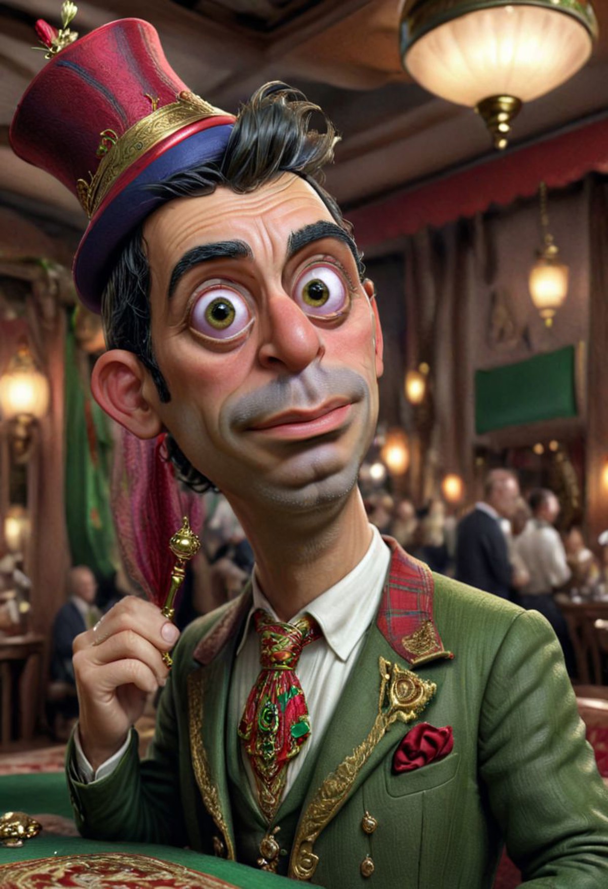 Realistic and detailed illustration of Aladdin Mr BEAN in (perfect hand and eyes with top hat:1.3) green gold and red acco...