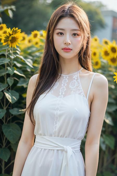 (mature body), (upper body:1.5), nikon RAW photo,8 k, Fujifilm XT3,masterpiece, best quality, realistic, photorealistic, ultra detailed, extremely detailed face, solo,1girl, standing, fashionable and trendy atmosphere, and a stylish expression on her face, close up, (narrow waist), white dress on field of sun flowers,