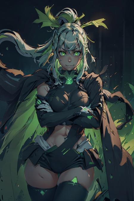 (masterpiece, best quality:1.2), <lyco:consolechan_xbox-09:0.8>, solo, 1girl, xbox-chan, evil grin, looking at viewer, crossed arms, ponytail, green hair ribbon, glowing eyes, bright pupils, clothing cutout, stomach cutout, cape, thighhighs, (gloves:1.1)