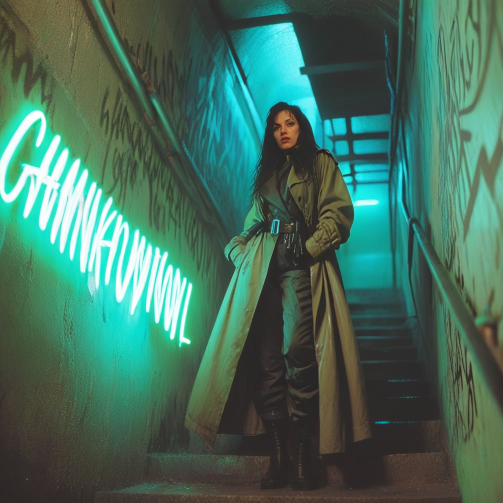90s Cyber-goth Sci-Fi, The image shows a woman in a trench coat standing in a tunnel with a neon sign on the wall to her left and stairs to her right., 1girl, solo, realistic, long hair, black hair, coat, stairs, cyberpunk, graffiti, belt  <lora:90s_Cyber-goth_Sci-FiSDXL:1>