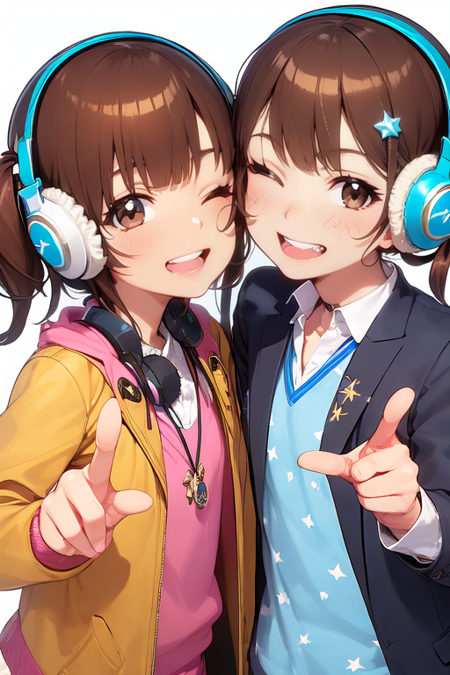 AGGA_ST050, long hair, looking at viewer, smile, open mouth, bangs, multiple girls, simple background, brown hair, shirt, hair ornament, long sleeves, white background, 2girls, brown eyes, jacket, upper body, one eye closed, star \(symbol\), grin, side ponytail, coat, v, siblings, headphones, scrunchie, blue shirt, pointing, sisters, hair scrunchie, twins, star print, print shirt, futami mami, futami ami