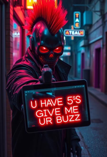 Cyberpunk criminal with glowing red glass fiber mohawk and black skull mask, glowing red eyes, black leather coat, in cyberpunk street alley, aiming gun at viewer showing futuristic ipad with neon text on it "U HAVE 5S TO GIVE ME UR BUZZ", neon lights, night, wet asphalt
