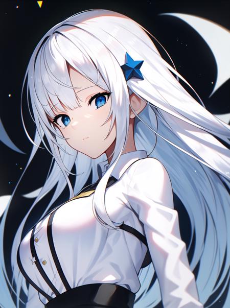 (best quality, masterpiece:1.2) 1girl, solo, looking at viewer, blue eyes, upper body, closed mouth, star \(symbol\), floating hair, white shirt, black background, long hair, bangs, star hair ornament, white hair, breasts, expressionless, light particles