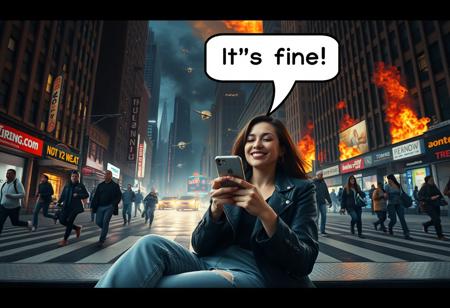 woman sitting in city playing with phone with text bubble above her head saying "It's fine", relaxed, happy, aliens attacking, chaos around her, people running, buildings burning, dynamic angle, warm hues, realistic, photorealism, hd, 8k, high definition, score_9, score_8_up, score_7_up, score_6_up,