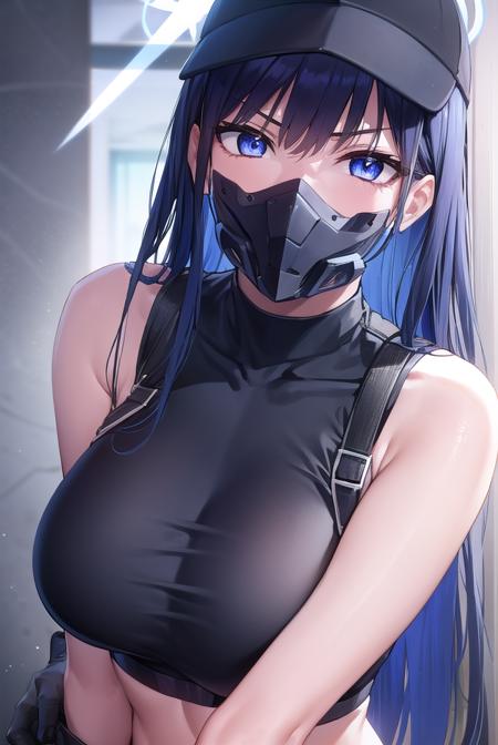 saori joumae, blue eyes, blue hair, halo, long hair, mask, mouth mask, bare arms, bare shoulders, belt, black headwear, black pants, black shirt, blue gloves, crop top, gloves, leggings, midriff, navel, pants, shirt, sleeveless, sleeveless shirt,