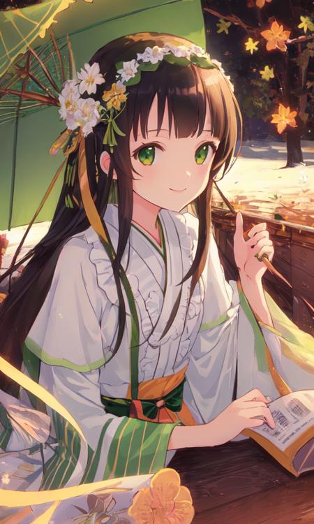 masterpiece, best quality, detailed, wallpaper, 
1girl, solo,  
(no hands:1),
long black hair,green eyes,hair accessory,
<lora:chiya_v2:0.33>,
smiling,White and Green Striped Lace Kimono