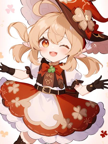 <lora:å¯è:1>ï¼1girl, one_eye_closed, solo, hat, ;d, sidelocks, witch_hat, long_hair, looking_at_viewer, smile, bangs, klee_\(genshin_impact\), light_brown_hair, hair_between_eyes, gloves, pointy_ears, black_gloves, alternate_costume, v, ahoge, hat_bow, low_twintails, twintails, short_sleeves, bow, clover_print, hat_ornament, orange_eyes, belt, open_mouth, simple_background, signature, depth_of_field