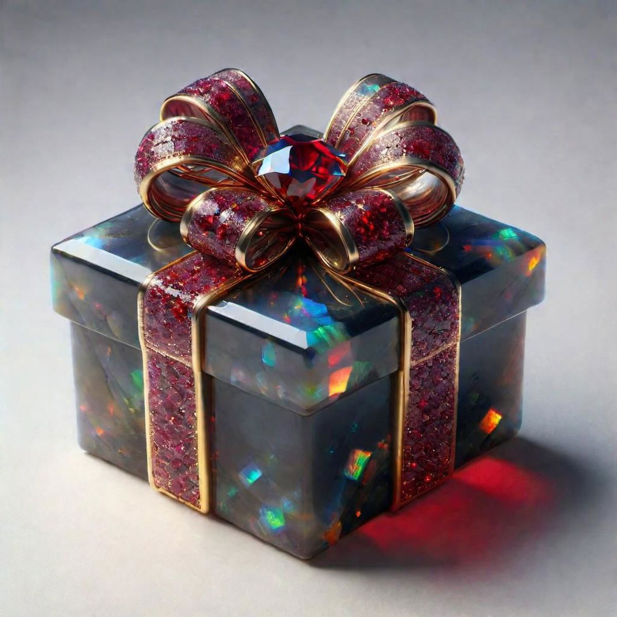A Sparkly Gift Box with a Red Bow and Rainbow Decoration