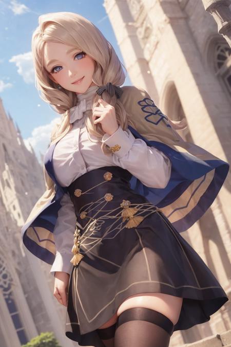 masterpiece, realistic, best quality, mercedes_student, yellow capelet, hair over shoulder, hair bow, white shirt, garreg mach monastery uniform, black skirt, thighhighs, close-up, blue sky, smile <lora:mercedes-nvwls-v3-000014:0.9>