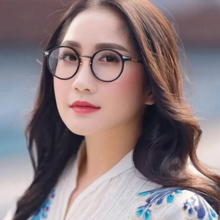 <lora:Nagigi_5:1>   Full Body, photograph of, Nagigi, a woman, long dark hair, brown eyes, round glasses, white blouse, long blue skirt with a flower pattern, natural light, 8k, realistic