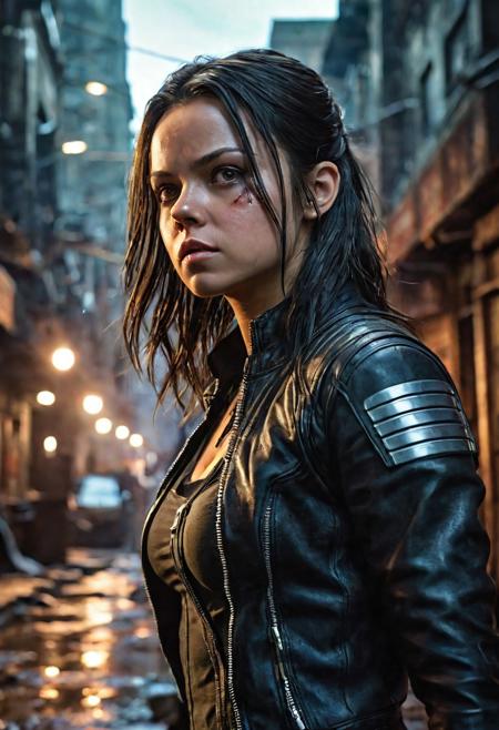 High resolution ultra-realistic of Beautiful Laura Kinney/X-23, cinematic lighting, MCU style, ultra realistic, 8K, fighting stance, X-Men style, standing among the ruins of buildings, Greg Rutkowski, Intricately Designed bloody dirty face, wavy black hair, Realistic beautiful brown eyes, gazing straight ahead, Atrractive 21 years old Dafne Keen as X-23 woman, realistic modern combat X-Men costume, dirty, bloody, beautiful firm Breasts, defiant and seductive, X-Men style, Marvel style, MCU sci-fi style, Superheroine, Standing in the middle of a dark dirty street on the City, sharp focus, digital painting, Photograph Taken on Nikon D750, Alphonse Mucha, 8K, athletic figure, Hyperdetailed, hyperrealism, aesthetics reminiscent of X-Men, Attractive, Attractive bust girl, asymmetric balance
