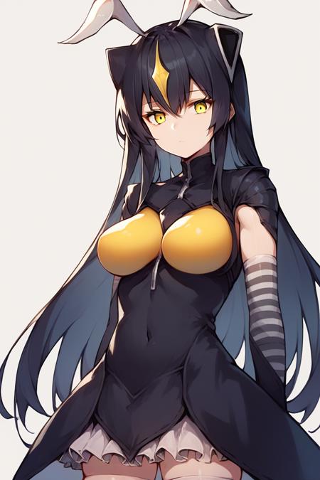 long hair, black hair, antenna, yellow eyes, striped, gloves, elbow gloves, thighhighs, personification, black gloves, yellow breast, black dress