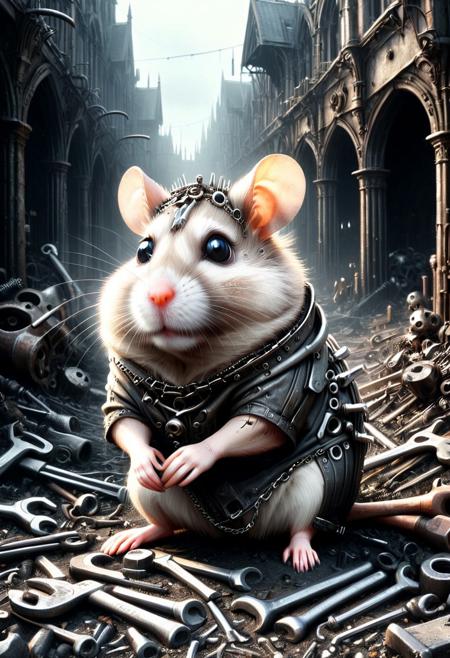 lazypos, mobe-godeen
zombie hamsters in a decaying gothic junkyard, (undead hamsters made from twisted, rusted tools:1.5), jagged limbs of pliers, screwdrivers for teeth, eyes glowing like molten solder. Each grotesque creature crawls across heaps of gnawed bones and shattered clockwork, dragging chains, twitching with unnatural life. The junkyard is a sprawling cathedral of ruin,, fog chokes the air, and looming silhouettes of broken gears and iron spires cast warped shadows. Gothic horror infuses every detail, with rust-stained relics, cracked industrial sculptures, and decayed machinery arranged like altars to forgotten gods. The ground is layered in oily mud, old tools jutting out like grave markers, some still twitching with cursed energy. An overcast, desaturated palette dominates, deep browns, charcoal black, iron red, punctuated only by sickly neon glows from mechanical veins pulsing under torn fur. Everything is damp, grimy, crawling with tension, as the mechanical-dead scurry, fuse, and reassemble themselves beneath thunderous skies. A dark tribute to Zdzisław Beksiński’s vision, rendered in cinematic digital horror realism.