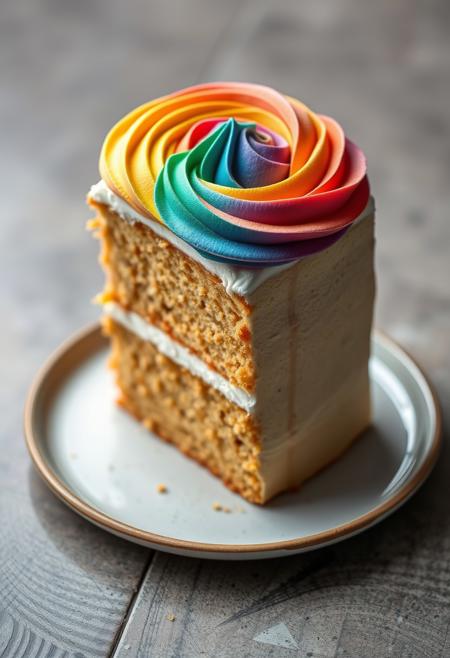 realistic cake, Butterscotch cake, rainbow frosting, perfect, ((perfect composition)), delicious, scrumptious,