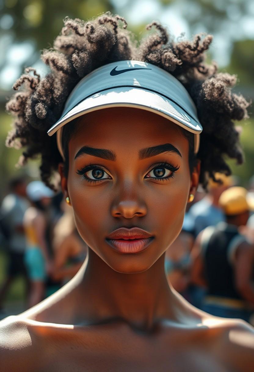 A young, cute adorable sexy African American woman with a playful aura, expressive large eyes, eyeliner, and natural makeup. She has a cute twin afro black hair. She is wearing stylish sports visor, which add subtle playfulness fo her look. Photo is taken outdoors, with midday sunlight. background is a blurred, very crowded zoo, creating a beautiful bokeh effect. Camera, Sony A7R IV 85mm f/1.4 prime lens Aperture, f/1.4 to achieve a shallow depth of field, ensuring the background is beautifully blurred while keeping the subject's facial features in sharp focus Shutter Speed, 1/300 seconds to freeze any slight movements and maintain sharpness ISO 300, to keep noise to a minimum Focus on eyes to ensure they are the sharpest part of image White Balance Set to 'sunlight' to maintain the vibrant day light. Close-up shot, framing face and bare shoulders. Position the subject slightly off-center using rule of thirds to create a more dynamic composition. Eye-level angle to create a connection between subject and viewer Enhance bright vibrant tones and slightly boost the saturation of background to make the colors pop. Apply selective sharpening to eyes and lips to draw attention to these features, extremely detailed skin texture with skin imperfections and vellus hairs