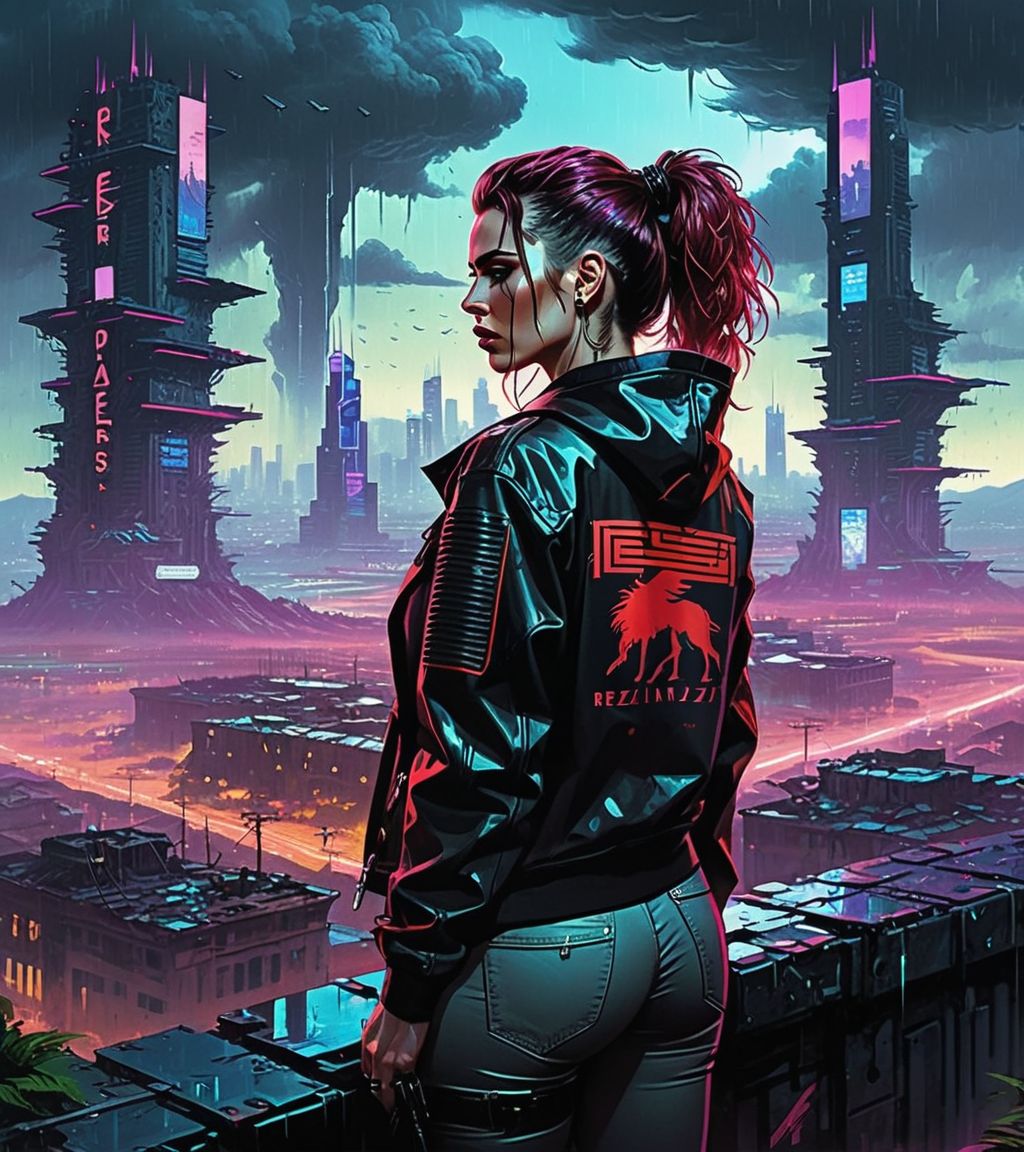colorful Nighttime cyberpunk city illustration. A night of the