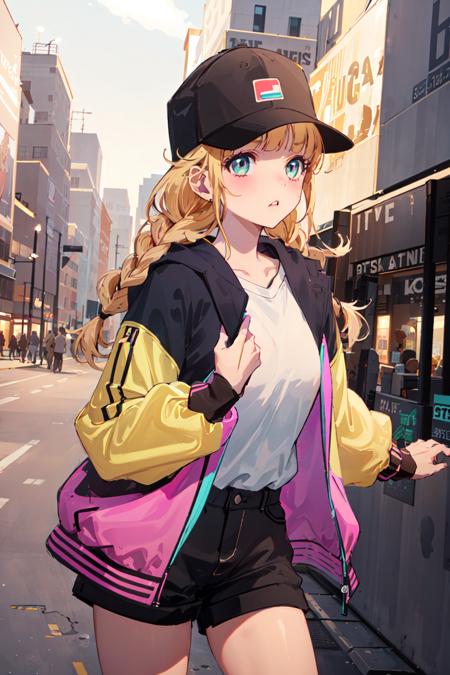 masterpiece, best quality, 1girl, (black-yellow-pink jacket: 1.5), white shirt, baseball cap, black shorts, city, <lora:YaBoyKongming-Eiko-1.0x: 0.7>