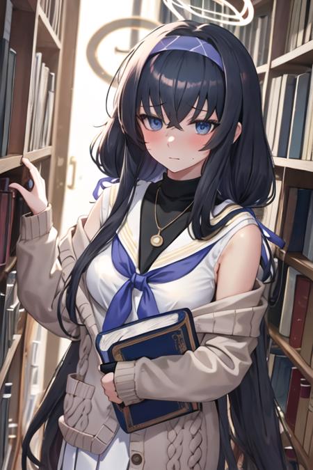 best quality, masterpiece, highres, solo, {ui_bluearchive:1.15}, long_hair, black_hair, bangs, hairband, halo, bags_under_eyes, blue_hairband, blue_eyes, hair_between_eyes, blush, jewelry, necklace, cardigan, very_long_hair, breasts, 1girl, book, holding, holding_book, long_sleeves, looking_at_viewer, neckerchief, sailor_collar, school_uniform, serafuku, simple_background, white_background, white_sailor_collar, upper_body, closed_mouth, off_shoulder, sweater, blue_neckerchief