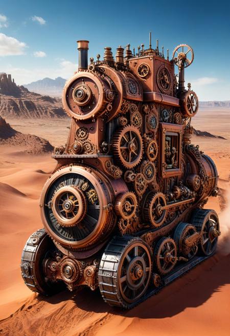 masterpiece, best quality, 8K, absurdres, photorealistic, intricate details, a photo of a massive steampunk vehicle with copper metallic accents and gears rolling across a vast desert landscape