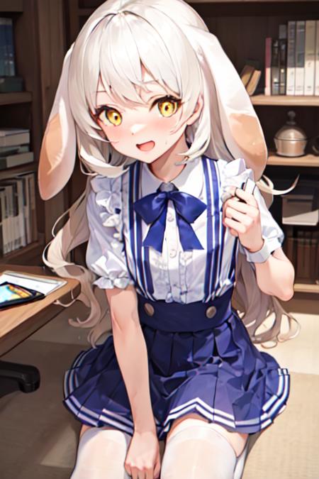 best quality, ultra detailed, beautiful detailed face, perfect anatomy, 1girl, solo focus, whole body shot, long hair, yellow eyes, two floppy rabbit ears, white shirt, Puffing up sleeves, white frilled short sleeves, blue short pleated skirt, suspenders skirt, <lora:radiyu_Streamer:1>,