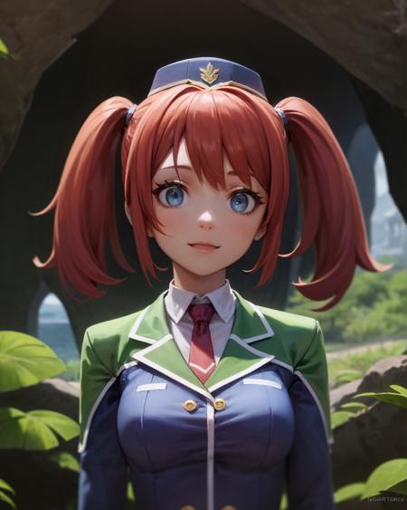 best quality, (masterpiece:1.2), illustration, absurdres,
(1girl, solo), (beautiful detailed girl),
<lora:Fran-07:0.7>, Fran Seeker, blue eyes, small_breasts, red hair, twintails,
garrison cap, uniform, suit, green miniskirt, black pantyhose, green high heels,
(inside a mysterious mystical cave with colorful plants),  (fantasy:1.2), (floating dust particles) (stalagmites and rock formations), sky and clouds visible from hole in roof, godrays, raytracing,
arms behind head,
(upper body, portrait),,
happy, looking at viewer