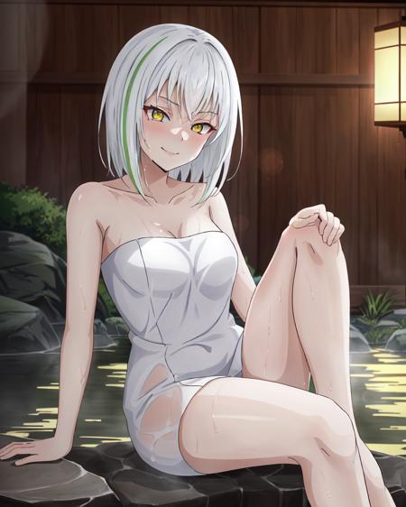 <lora:ZarestiaV3:1>, Zarestia, 1girl, sitting_on_rock,  hetero, breasts, seductive_smirk, narrowed_eyes, yellow_eyes, medium_hair, green-streak_in_hair,  naked_towel,  onsen, wet_skin, shiny, silky hair, textured_hair, textured_skin, lens_flare, (glowing_eyes:1.2), depth_of_field, (high-quality, masterpiece, 2d, anime, absurdres, best quality, ultra-detailed:1.3), soft pink lips, detailed sexy face