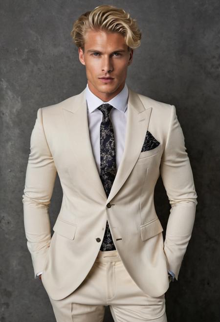 raw photo, full body, beautiful man,  blond hair, expensive suit, exudes confidence