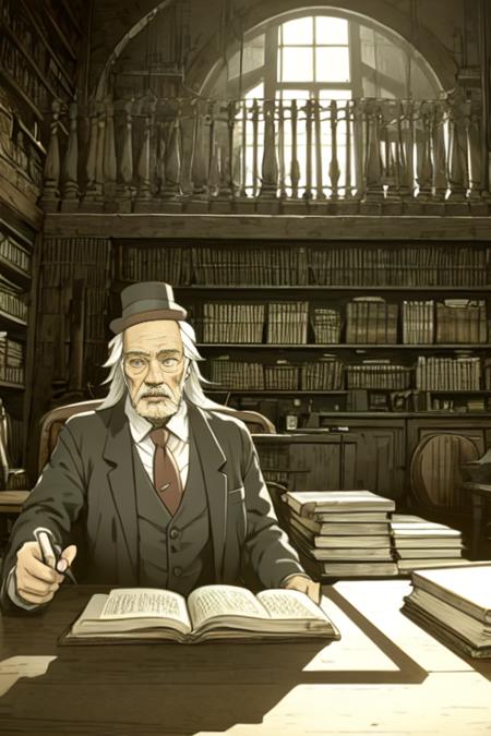 top quality, best quality,
 male focus, solo, goggles, facial hair, hat, necktie, mustache, top hat, long hair, old man, beard, white hair, vest, steampunk, upper body,
bookshelf, indoors, letterboxed, chair, sunlight, light rays, window, book, library, scenery, sunbeam, solo, globe, standing,table, stairs, white hair, chandelier,