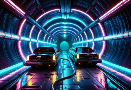 vibrant colors, shiny_skin, prefect lighting, detailed image, snoozing, masterpiece, best quality, highly detailed, ultra quality, 3DMM, 
(tunnel, sewer tunnel, reflection, creepy, dark, dirty), 
(Limousine), 
On the road, outdoors, neon lights, glowing, sciencefiction, electricity, night,