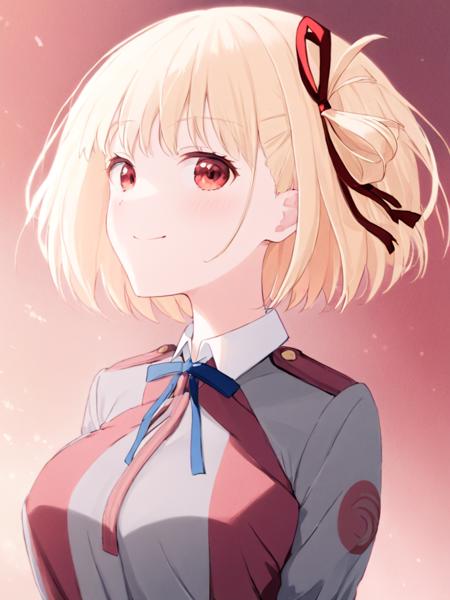 <lora:qianshux_xl:1>,1girl,solo,ribbon,nishikigi_chisato,red_eyes,blonde_hair,hair_ribbon,short_hair,two-tone_dress,lycoris_uniform,red_ribbon,bangs,dress,smile,blue_ribbon,red_dress,neck_ribbon,grey_dress,closed_mouth,pleated_dress,bob_cut,upper_body,shirt,long_sleeves,breasts,collared_shirt,white_shirt,