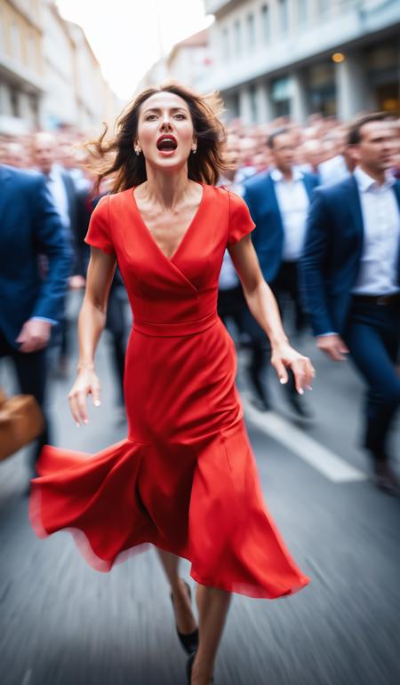 Dynamic angle shot of a elegant woman in red dress rushing through a busy crowd with motion blur, cinematic look, film, breathtaking photograph, award-winning, professional, dlsr, dramatic light, highly detailed . 35mm photograph, 4k, vivid colors, daylight, warm atmosphere, focus stacking, shot on hasselblad, split lighting, extreme colors, <lora:add-detail-xl:1>, <lora:SDXLHighDetail:0.5>