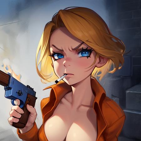 TheConvict, short blonde hair, blue eyes,  upper body, cigarette in mouth,  solo1.2,   angry expression, 
Orange Jumpsuit with number 10,  no bra,  holding  a gun,  pistol, 
dungeon, 
(insanely detailed, beautiful detailed face,  masterpiece, beautiful detailed  eyes, best quality)  <lora:TheConvict:0.7>