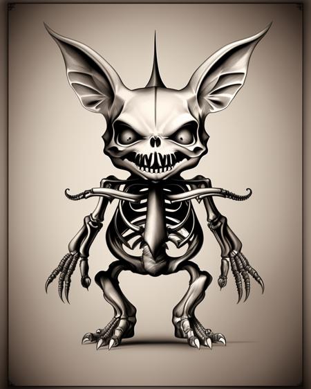 A grotesque anatomical study of a gremlin:2.0, depicting its diminutive stature:0.7, pointy ears:0.6, and mischievous grin:0.7, all executed with nightmarish attention to detail:0.9 in the macabre style of The Resurrectionist:1.0. , The_Resurrectionist ,