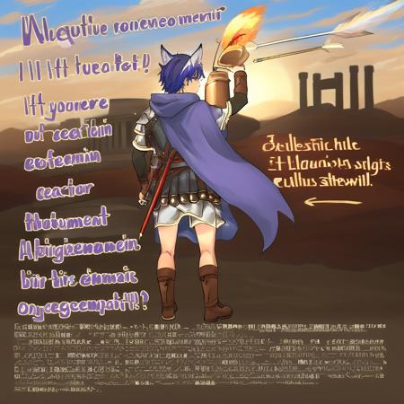 ancient roman clothes, wolf ears, italian text, chainmail, jewelry, from behind, staff, purple hair, mature male, falchion (fire emblem), brown belt, fox ears, english text, sky, chalice, holding sword, backpack, hood, arrow (projectile), ass, brown footwear, blue cape