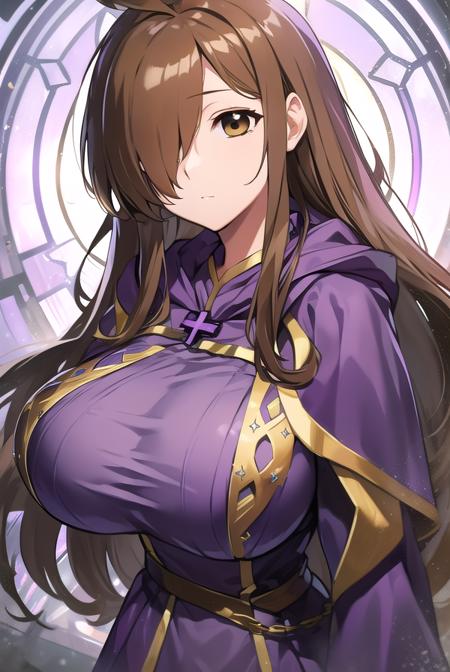 konosubawiz, <lyco:wiz-LYCORIStest:1>, wiz, ahoge, (brown eyes:1.7), light brown hair, (hair over one eye:1.5), long hair, (large breast:1.2),
BREAK cross, dress, hood, hood down, jewelry, latin cross, long dress, long sleeves, (purple dress:1.5), robe, (purple robe:1.5),
BREAK looking at viewer,
BREAK outdoors,
BREAK <lora:GoodHands-vanilla:1>, (masterpiece:1.2), best quality, high resolution, unity 8k wallpaper, (illustration:0.8), (beautiful detailed eyes:1.6), extremely detailed face, perfect lighting, extremely detailed CG, (perfect hands, perfect anatomy),