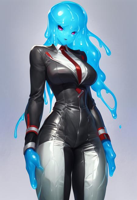 rating_safe, score_9, an adult slime girl, (((adult))), slime girl like, anime girl that looks like slime, clothing, wearing clothing, suit, professional suit, suit dress, suit that looks like dress, high quality, detailed