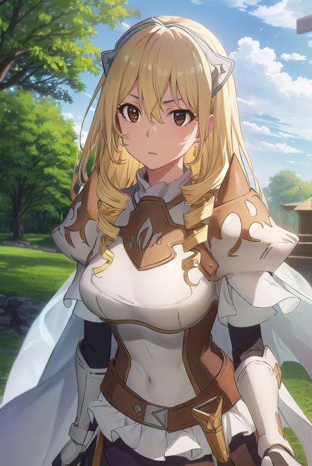 bozescopalesti, <lora:bozes co palesti s1s2-lora-nochekaiser:1>,
bozes co palesti, long hair, blonde hair, (brown eyes:1.5), drill hair,
BREAK skirt, gloves, cape, armor, shoulder armor, gauntlets, jewelry, earrings, breastplate,
BREAK outdoors, forest, nature, sun, sky, clouds, trees, grass,
BREAK looking at viewer, (cowboy shot:1.5),
BREAK <lyco:GoodHands-beta2:1>, (masterpiece:1.2), best quality, high resolution, unity 8k wallpaper, (illustration:0.8), (beautiful detailed eyes:1.6), extremely detailed face, perfect lighting, extremely detailed CG, (perfect hands, perfect anatomy),