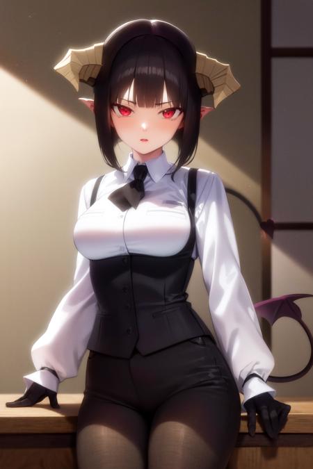 masterpiece, best quality, highres, 1girl horns short hair demon tail, white shirt black ascot black gloves black pants black vest <lora:goumon_torture:1>