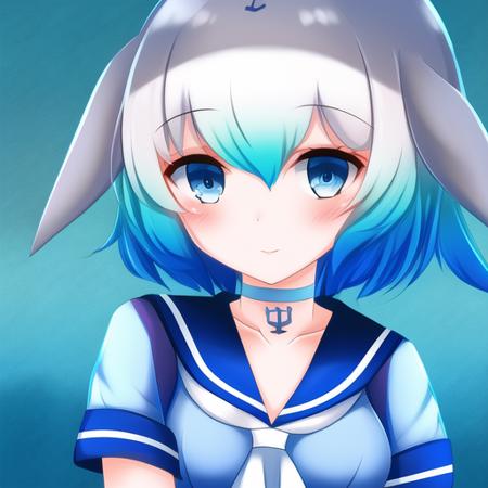 <lora:cbd:0.8>, cbd, solo, 1girl, blue hair, blue eyes, short sleeves, short hair, grey hair, sailor collar, light blue frilled sailor dress, dolphin tail, dorsal fin, blowhole, neckerchief, japari symbol, gradient hair, hair between eyes, bangs, head fins, dolphin girl, choker, collarbone, anchor symbol, detailed shading, detailed ambient light