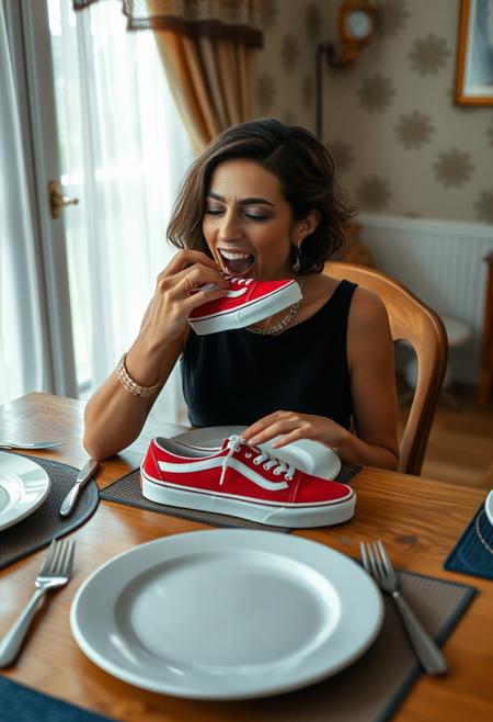 ((highly detailed skin:1.2)), 8k uhd, dslr, Fujifilm XT3, highest quality, masterpiece, photorealistic, detailed skin texture, (highly detailed hair), sharp body, ultra realistic face.
woman sitting at dining room table. she is ready to eat, the room is decorated like a family home from the 1960's. she is dressed for a fancy diner party, black dress and nice jewelry, the table is natural colored oak. on the table are four blue placemats. on the placemats there are very large white plates. on either side of the plates there are a knife and a fork.
 (((red Vans deck sneaker))), 
her mouth is open, she is eating the sneaker, she is biting the sneaker, , she has a sneaker in her mouth, she is holding the sneaker up to he mouth, she is pushing the sneaker into her mouth