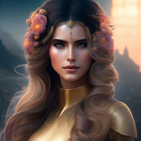 A beautiful cinematic female sand goddess, golden dress, glow golden tatto, galatic shamen with quantum energy fantasy, fantasy magic, undercut hairstyle, dark light night, intricate, elegant, sharp focus, illustration, highly detailed, digital painting, concept art, matte, art by wlop and artgerm and greg rutkowski and alphonse mucha, masterpiece