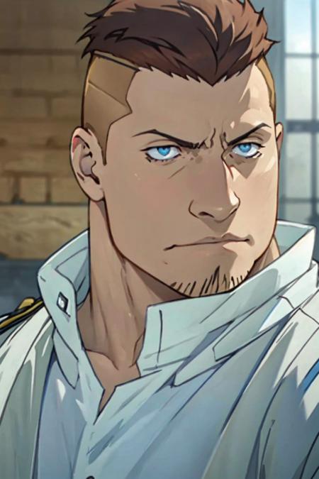 (1 image only),  solo male,  1boy,  Heymans Breda,  Fullmetal Alchemist,  anime,  2D,  blue eyes,  brown hair,  short hair,  high fade,  stubble,  handsome,  chubby,  open blue military uniform,  white shirt,  masculine,  confidence,  charming,  alluring,  upper body in frame,  perfect anatomy,  perfect proportions,  8k,  HQ,  (best quality:1.2,  hyperrealistic:1.2,  photorealistic:1.2,  masterpiece:1.3,  madly detailed photo:1.2),  (hyper-realistic lifelike texture:1.2,  realistic eyes:1.2),  high_resolution,  perfect eye pupil,  dutch angle,<lora:EMS-498-EMS:0.400000>,<lora:EMS-286469-EMS:0.800000>