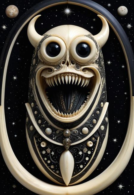 masterpiece,ultra-high resolution,incredible composition,extremely detailed, 
Ebony and Ivory Scrimshaw style monster  with googly eyes, sharp teeth, rage extraterrestrial inside it, in space. made of enchanted  Macabre made out of, ebony, ivory, scrimshaw, bone carving