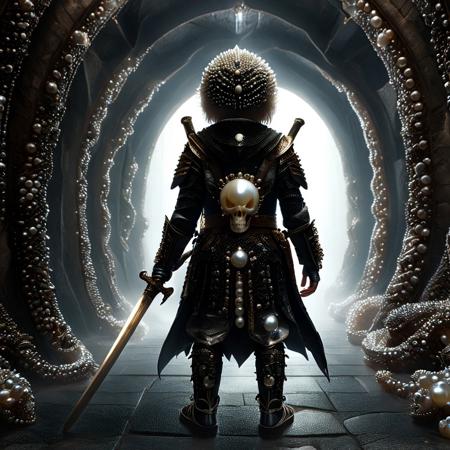 core_9_up, score_8_up, score_7_up, score_6_up, incredibly absurdres, BREAK physically-realistic, anatomically-correct, detailed, intricate, professional, logical, make sense, perfection, perfect, photography, 1boy, Pearl samurai, Pearl sword, Pearl armor, rear view, standing in front of Pearl  monster, in a dark tunnel, monster obscured by shadows, eyes glow yellow, bosstyle, Pearlum
