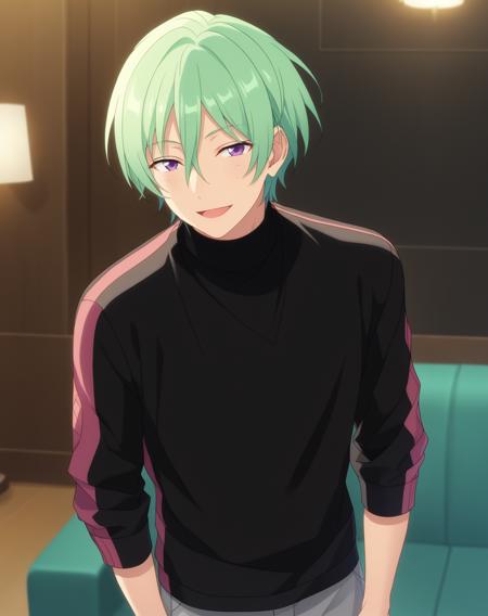 kazehaya_tatsumi_pony, green hair, purple eyes,