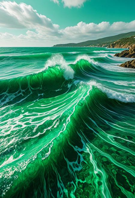 8k, analog photo, A fantastic sea with malachite patterns, The waves glow green,
Particles of light play when they crash on the shore, a mystical view of the world,