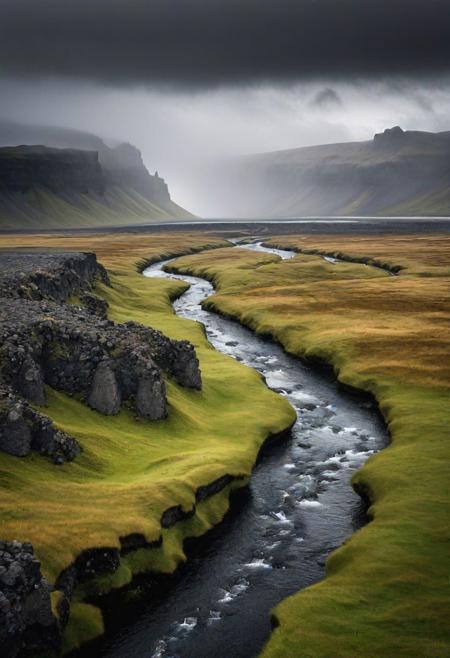 iceland, landscape, realistic, photorealistic, rivers, rocks, grass plains, cold, grey clouds, downpour,  mist,